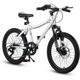 S20101 20 Inch Kids' Bike, Boys Girls Mountain Bike Ages 6-12, 7 Speed Teenager Children Kids' Bicycles, Front Suspension Disc Brake Rear V-Brake (Option: White)