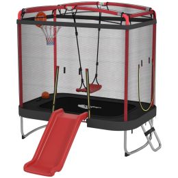 4 x 6FT Trampoline for Kids Indoor & Outdoor with Slide, Swing, Basketball Hoop and Safety Enclosure, Red (Option: Red-1270x490x310 mm)