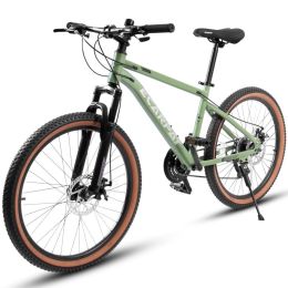 A24301 24 Inch Mountain Bike For Teenagers, High Carbon Steel Frame, Disc Brakes, Durable Design, Brown Edge Tires, Ideal For School Commuting (Option: Green)